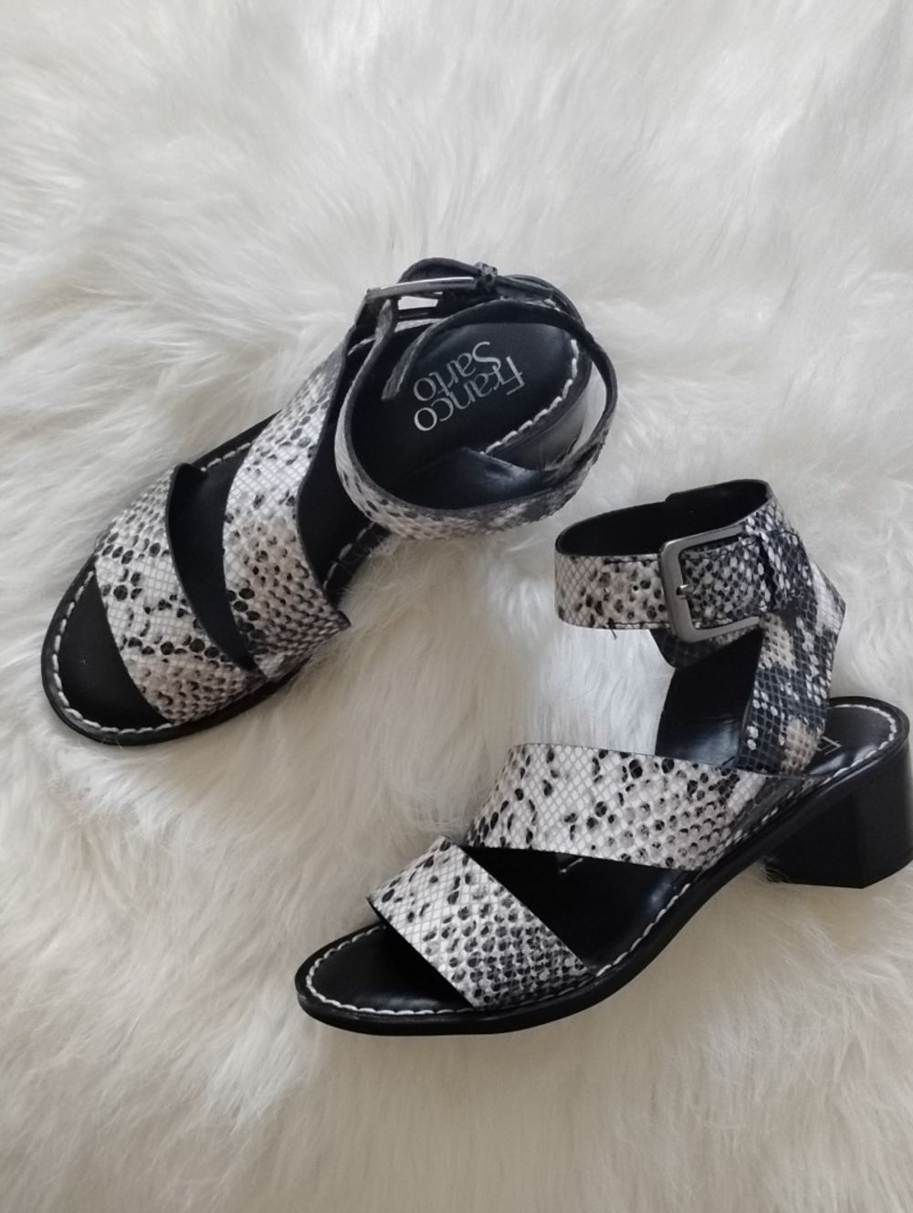 Franco Sarto Black & White Snake-Print Ankle Strap Heel Sandal